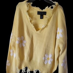 Polly & Esther Yellow V-Neck Sweater  Distressed Detailing